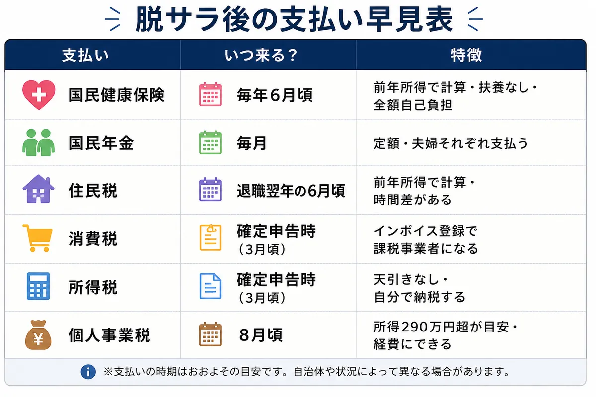 脱サラ後の支払い早見表(国民健康保険・国民年金・住民税・消費税・所得税・個人事業税の、いつ来るかと特徴の一覧)